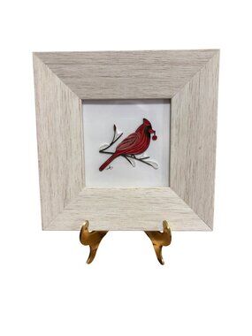Quilled Cardinal Wall Art White Wood Frame - 5x5" Signed